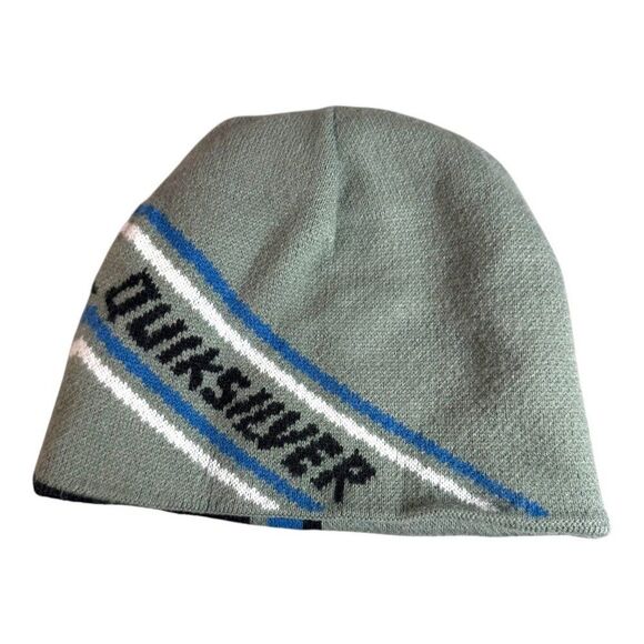 Quiksilver Reversible Knit Beanie Hat Grey Black Blue Striped Logo Surfer Adults - Picture 3 of 8